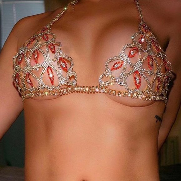 Rhinestone Heart Bikini Jewelry Lingerie Set Bling Bra Thong Crystal Body Chain - Picture 2 of 9